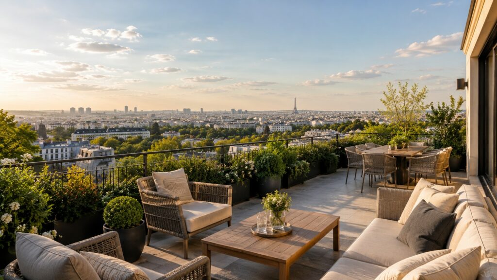 Terrasse d'un appartement à Bellevue Meudon avec vue dégagée sur Paris et la Tour Eiffel